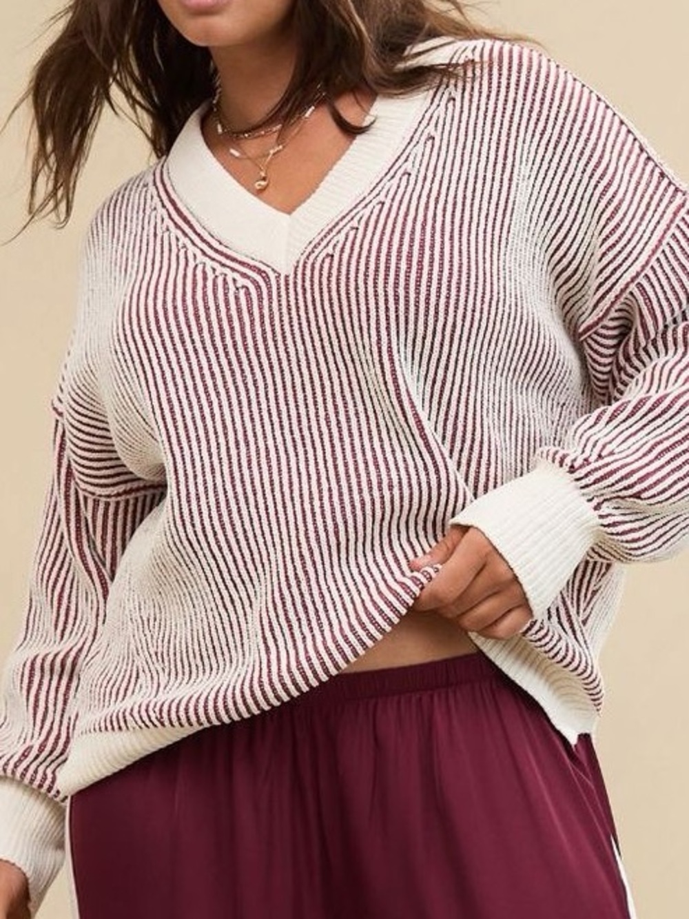 aerie beyond oversized chenille v neck sweater | rustic red
